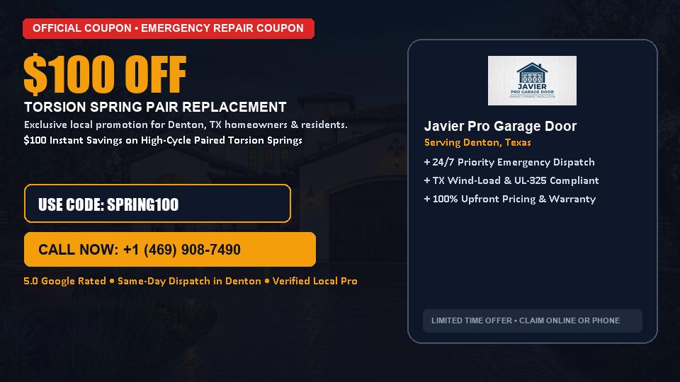 $100 OFF Dual High-Cycle Torsion Spring Replacement in Denton, TX - Javier Pro Garage Door